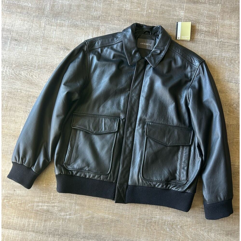 Leather Bomber Jacket Mens L Black Soft Buttery Flight Zip Croft & Barrow - Picture 13 of 15
